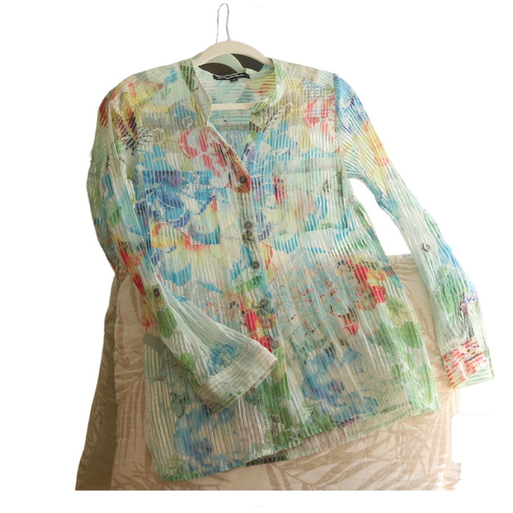 Cheryl Nash Sheer Floral Blouse Long Sleeve - Coverup  - Smal